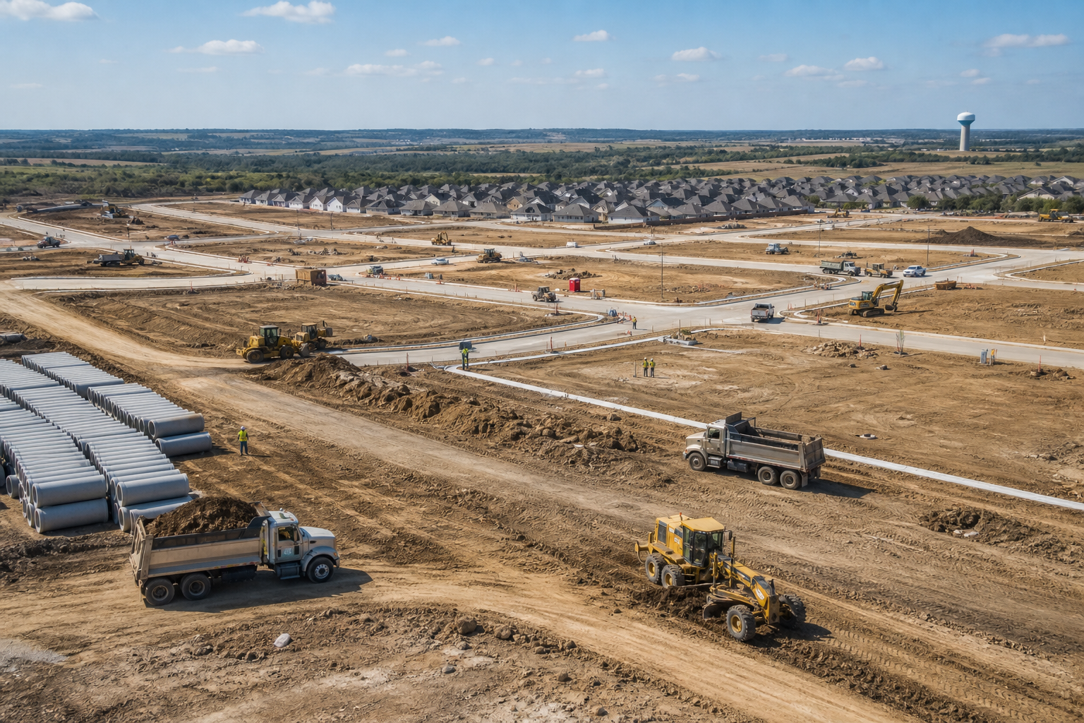 Aerial of a residential street grid under construction: graders, dump trucks, and new roads.